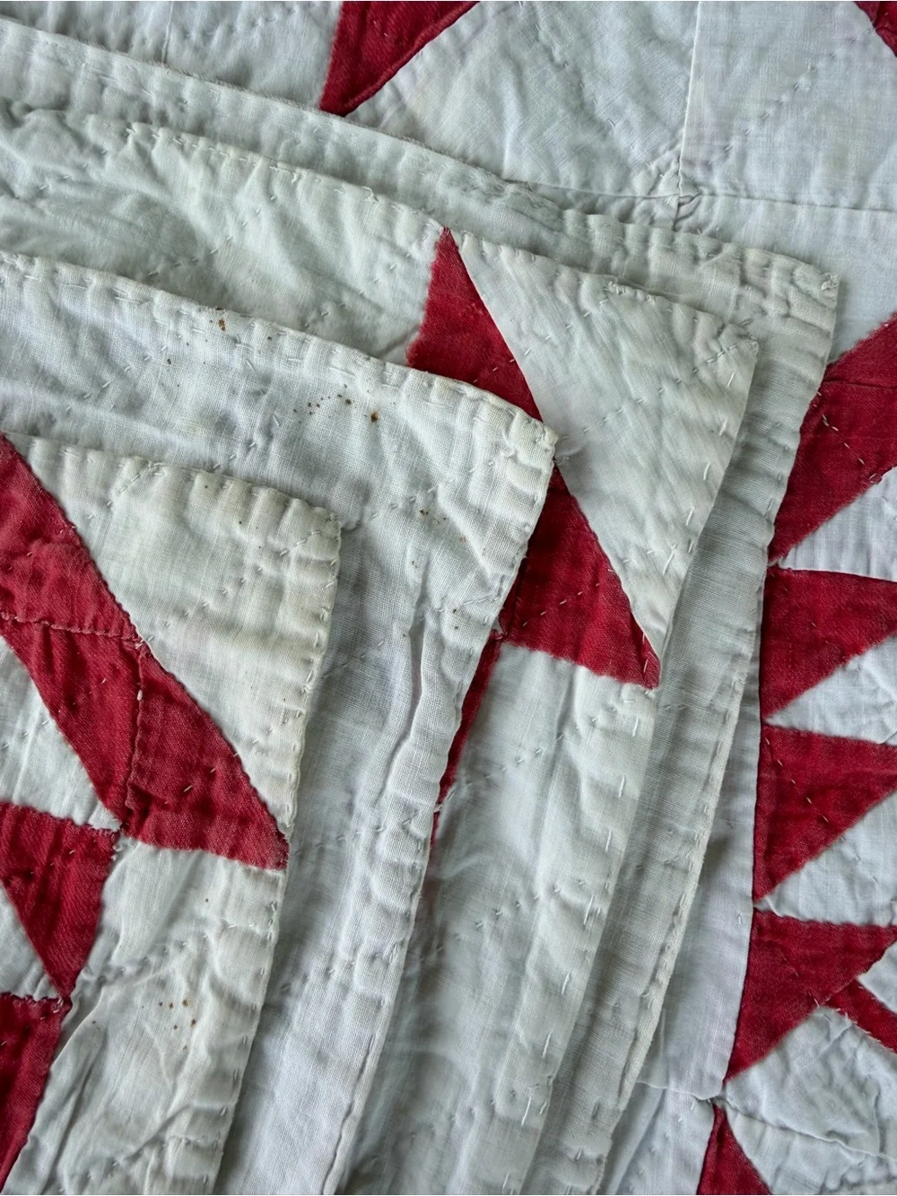 Vintage Pickle Dish Quilt Hand Stitched Red White Gauzy Cotton Thin 57x89 READ